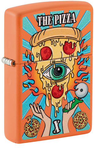 Front shot of ˫ Eye of Pizza Orange Matte Windproof Lighter standing at a 3/4 angle.